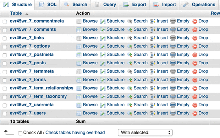 A view of the updated database tables showing the unique new prefix.