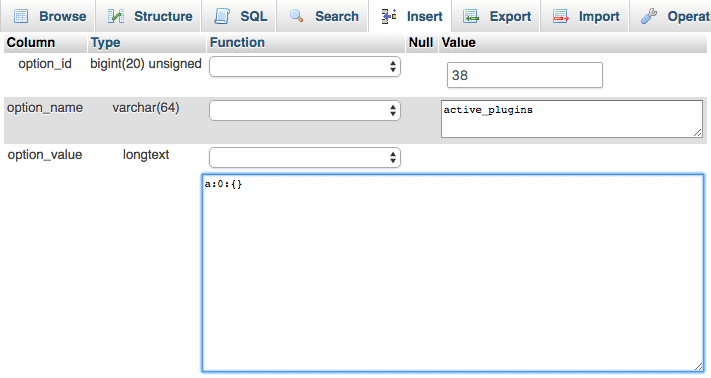 Deactivating WordPress plugins through phpmyadmin. 