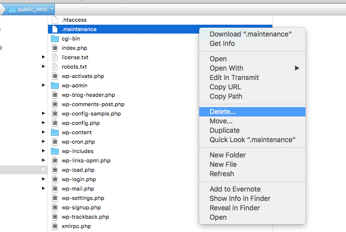 Screenshot of WordPress maintenance mode file via FTP