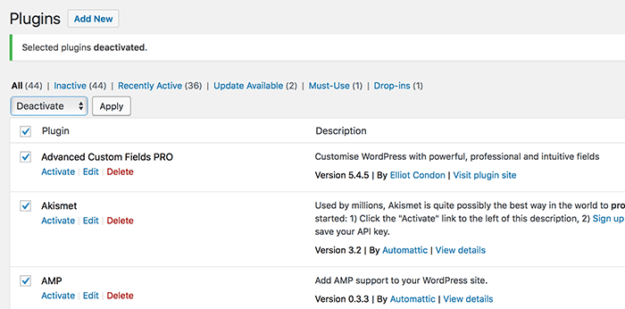 Screenshot showing bulk deactivating all plugins