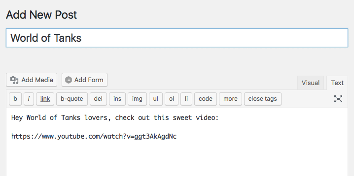 Screenshot of embedding a YouTube video in WordPress