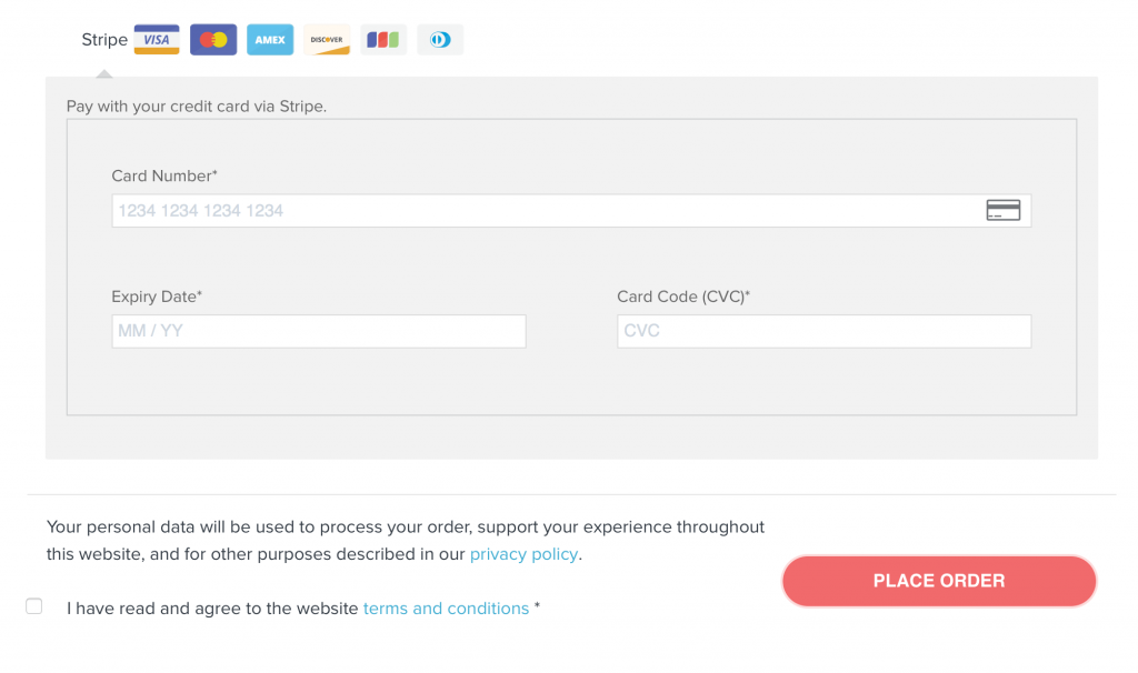 A three field WooCommerce Stripe checkout form
