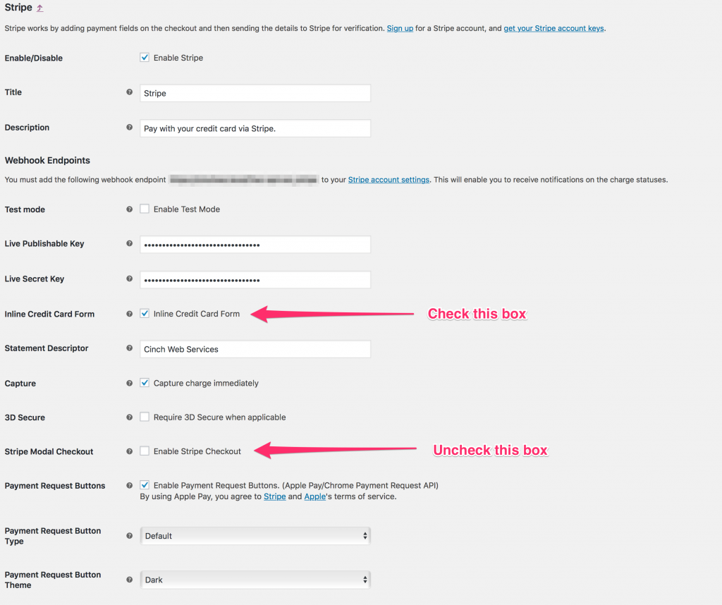 WooCommerce Stripe settings page with spots to check and uncheck for inline form