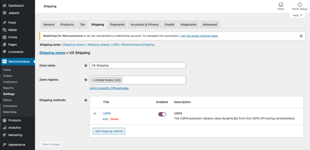 WooCommerce USPS Shipping Integration - Edit Shipping Zones