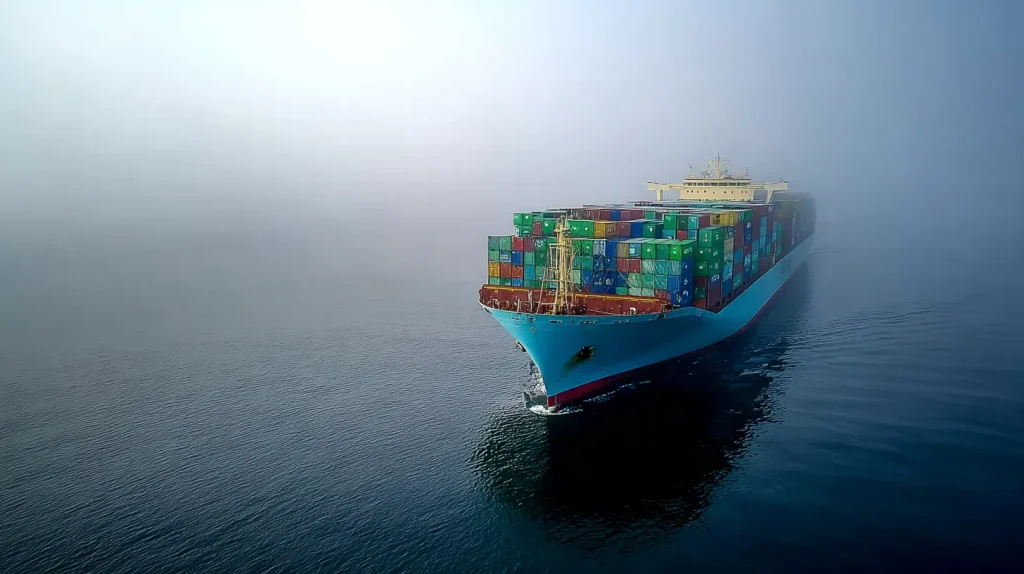 Cargo ship along on the ocean sailing through fog