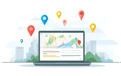 AI generated image of a laptop with google location icons flowing around